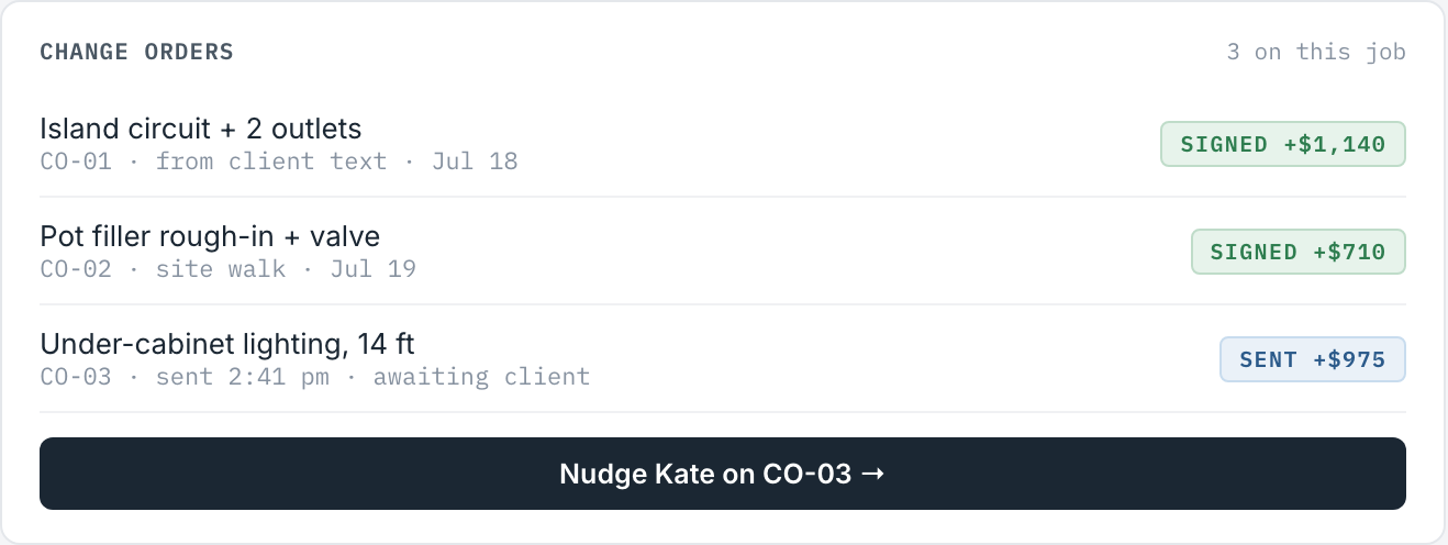 Change orders panel — two signed, one sent awaiting client signature
