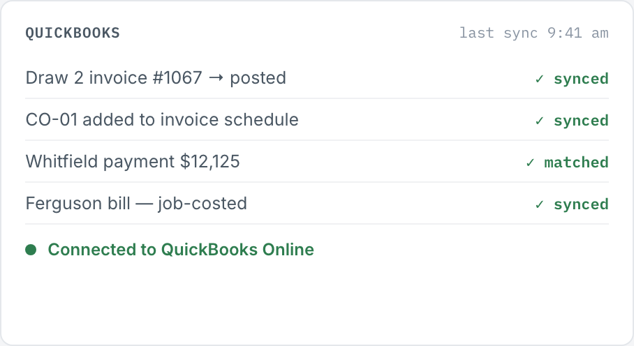 QuickBooks panel — invoices, payments and bills synced and matched